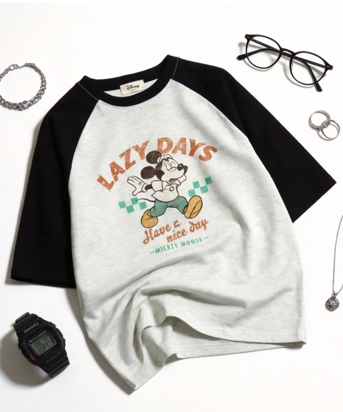 Disney（ディズニー）の「2026SS Disney/ディズニー ミッキー フロント/バックプリント ラグラン5分袖Tシャツ（Tシャツ/カットソー・レディース・ホワイト系その他/クリーム/アッシュグレー/オフホワイト・L/M）」の3枚目の写真