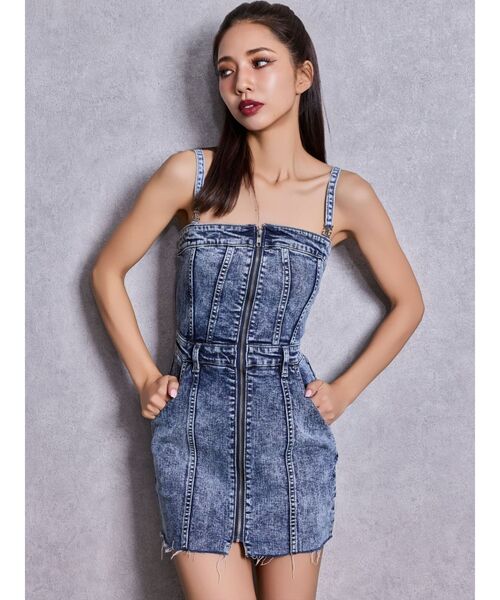 GYDA（ジェイダ）の「Symmetry GYDAフロントZIPスカートライクデニムタイトミニワンピース（ワンピース・レディース・ライトブルー/ブラック/ブルー・MEDIUM/SMALL）」の4枚目の写真