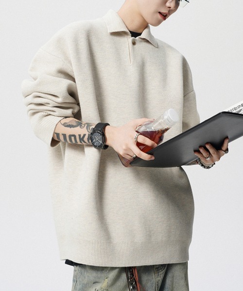 NOWLE(ノウル)の「【NOWLE】ルーズシルエット スキッパー プルオーバー ポロニット(ニット/セーター・メンズ・ダークグレー/ライトベージュ・X-LARGE/LARGE/MEDIUM)」の20枚目の写真