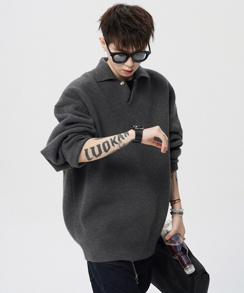 NOWLE(ノウル)の「【NOWLE】ルーズシルエット スキッパー プルオーバー ポロニット(ニット/セーター・メンズ・ダークグレー/ライトベージュ・X-LARGE/LARGE/MEDIUM)」の5枚目の写真