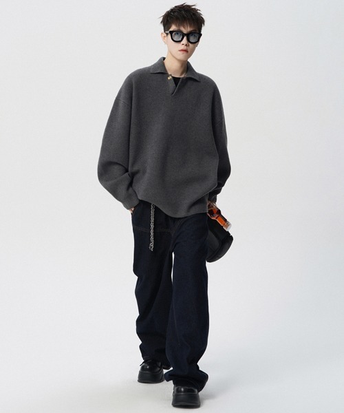 NOWLE(ノウル)の「【NOWLE】ルーズシルエット スキッパー プルオーバー ポロニット(ニット/セーター・メンズ・ダークグレー/ライトベージュ・X-LARGE/LARGE/MEDIUM)」の3枚目の写真