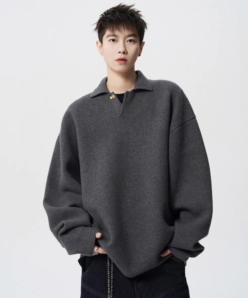 NOWLE(ノウル)の「【NOWLE】ルーズシルエット スキッパー プルオーバー ポロニット(ニット/セーター・メンズ・ダークグレー/ライトベージュ・X-LARGE/LARGE/MEDIUM)」の9枚目の写真