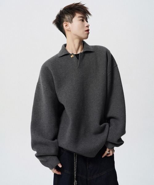 NOWLE(ノウル)の「【NOWLE】ルーズシルエット スキッパー プルオーバー ポロニット(ニット/セーター・メンズ・ダークグレー/ライトベージュ・X-LARGE/LARGE/MEDIUM)」の11枚目の写真