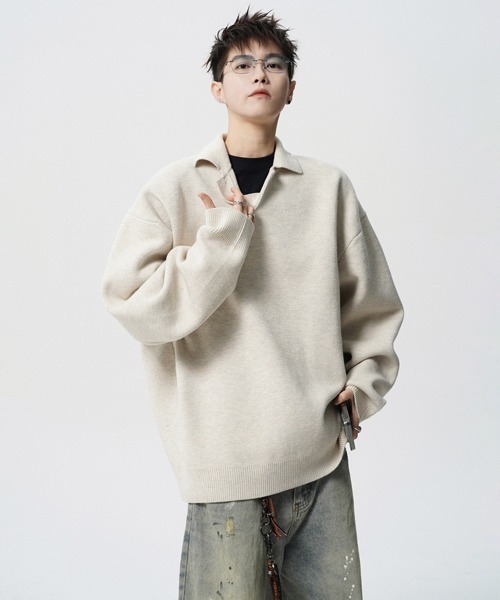 NOWLE(ノウル)の「【NOWLE】ルーズシルエット スキッパー プルオーバー ポロニット(ニット/セーター・メンズ・ダークグレー/ライトベージュ・X-LARGE/LARGE/MEDIUM)」の18枚目の写真