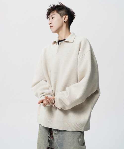 NOWLE(ノウル)の「【NOWLE】ルーズシルエット スキッパー プルオーバー ポロニット(ニット/セーター・メンズ・ダークグレー/ライトベージュ・X-LARGE/LARGE/MEDIUM)」の19枚目の写真