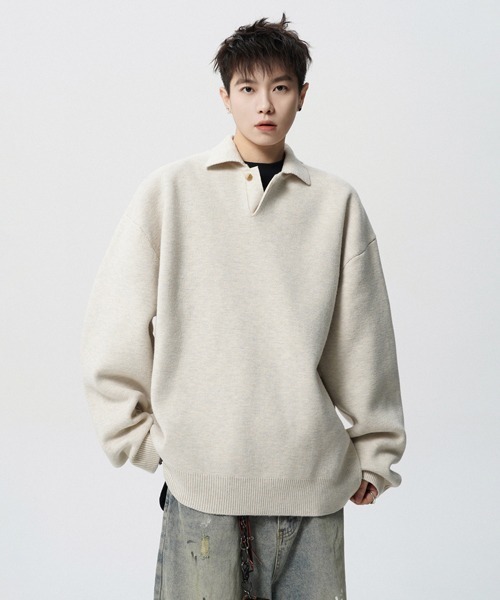 NOWLE(ノウル)の「【NOWLE】ルーズシルエット スキッパー プルオーバー ポロニット(ニット/セーター・メンズ・ダークグレー/ライトベージュ・X-LARGE/LARGE/MEDIUM)」の16枚目の写真