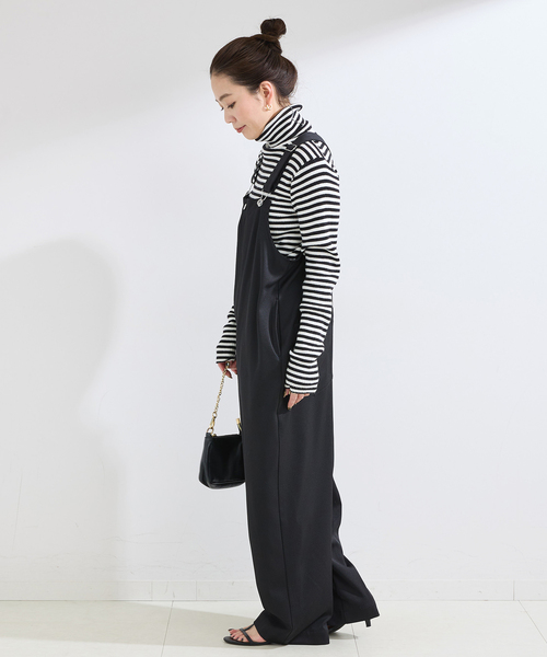 B.C STOCK(ベーセーストック)の「手洗い可 / サテンサロペット(サロペット/オーバーオール・レディース・ベージュ/ブラック・FREE)」の4枚目の写真