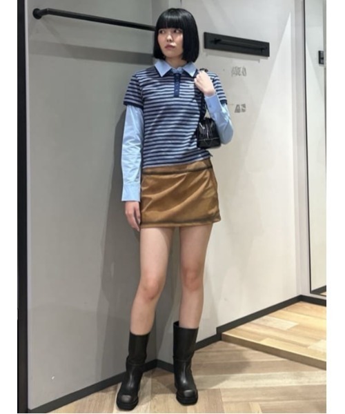 MOUSSY（マウジー）の「【26年SS新作】SHIRT SLEEVE STRIPED POLO Tシャツ（ポロシャツ・レディース・杢グレー/ブルー系その他/ネイビー・FREE）」の6枚目の写真
