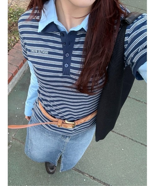 MOUSSY（マウジー）の「【26年SS新作】SHIRT SLEEVE STRIPED POLO Tシャツ（ポロシャツ・レディース・杢グレー/ブルー系その他/ネイビー・FREE）」の4枚目の写真