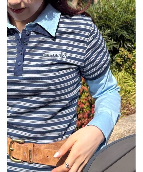 MOUSSY（マウジー）の「【26年SS新作】SHIRT SLEEVE STRIPED POLO Tシャツ（ポロシャツ・レディース・杢グレー/ブルー系その他/ネイビー・FREE）」の5枚目の写真