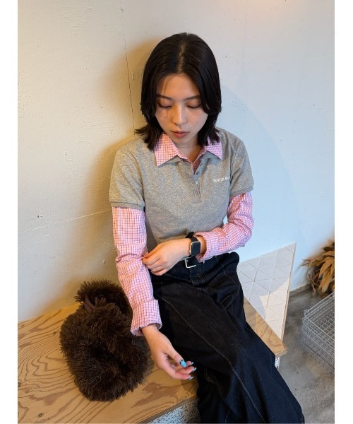 MOUSSY（マウジー）の「【26年SS新作】SHIRT SLEEVE STRIPED POLO Tシャツ（ポロシャツ・レディース・杢グレー/ブルー系その他/ネイビー・FREE）」の7枚目の写真