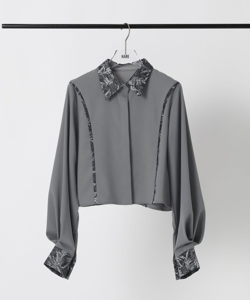 HARE（ハレ）の「ラメジャガードキリカエシャツ(HARE)（シャツ/ブラウス・レディース・グレー/ネイビー/パープル/グリーン・FREE）」の2枚目の写真