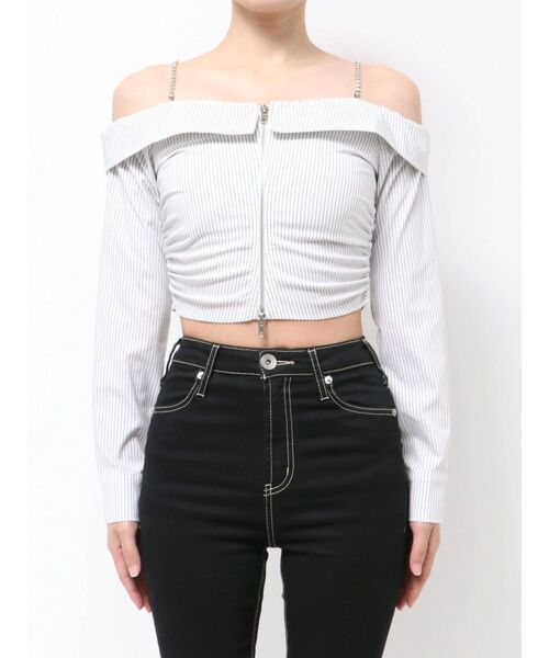 GYDA(ジェイダ)の「bijou chainフロントZIPオフショルブラウス(シャツ/ブラウス・レディース・オフホワイト/ブラック・FREE)」の14枚目の写真