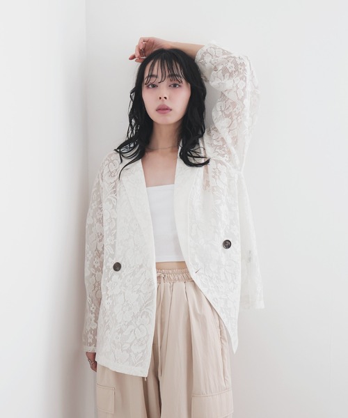 ◆le ciel a temps doux◆刺繍レースジャケット　オフホワイト セール】クロシェレースシアージャケット（テーラードジャケット