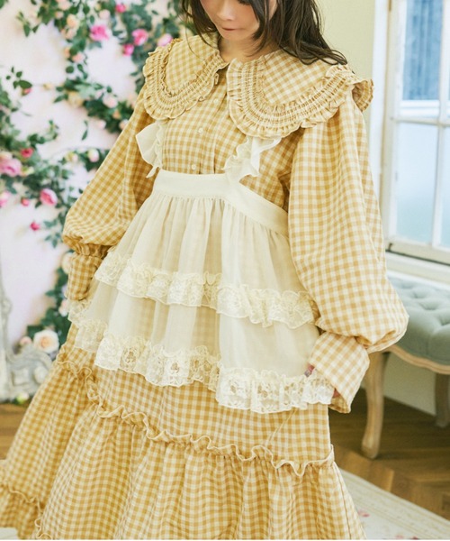 ハンドメイドマグノリアパール風コットンレースキャミロリータヒッピーカントリー クティールとレトロ】フリル襟ギンガムチェックティアードワンピース