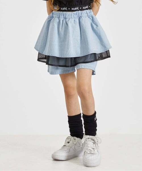 X-girl Stages(エックスガールステージス)の「フリルメッシュレイヤード ショートパンツ(その他パンツ・キッズ・カラフル/ライトブルー・130cm/120cm/140cm/110cm/100cm)」の2枚目の写真