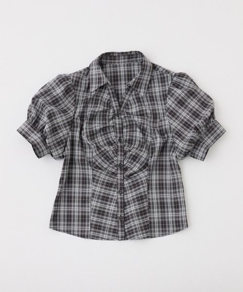 one after another NICE CLAUP(ワンアフターアナザーナイスクラップ)の「フロントギャザー半袖ボウタイブラウス(シャツ/ブラウス・レディース・サックスブルー/オフホワイト/チェック・FREE)」の4枚目の写真