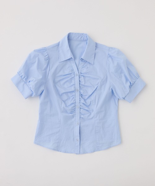 one after another NICE CLAUP(ワンアフターアナザーナイスクラップ)の「フロントギャザー半袖ボウタイブラウス(シャツ/ブラウス・レディース・サックスブルー/オフホワイト/チェック・FREE)」の6枚目の写真