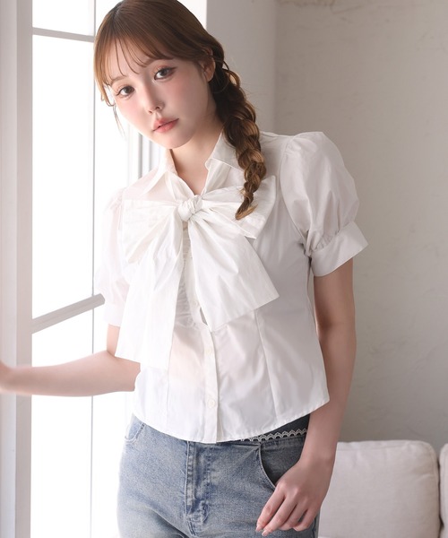 one after another NICE CLAUP（ワンアフターアナザーナイスクラップ）の「フロントギャザー半袖ボウタイブラウス（シャツ/ブラウス・レディース・サックスブルー/オフホワイト/チェック・FREE）」の12枚目の写真