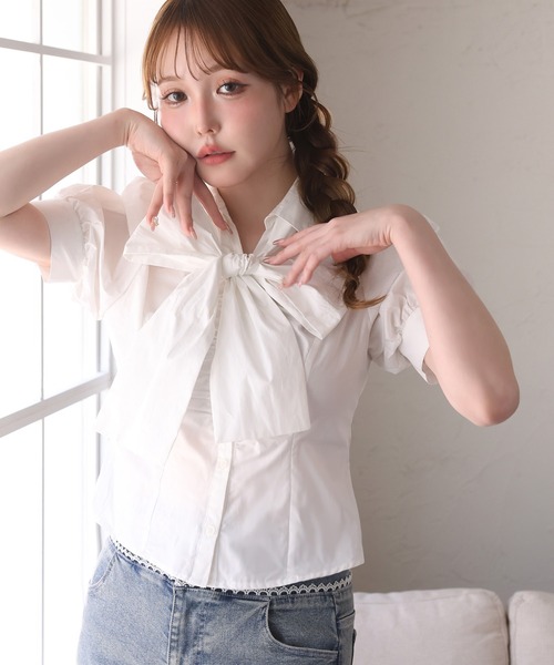 one after another NICE CLAUP（ワンアフターアナザーナイスクラップ）の「フロントギャザー半袖ボウタイブラウス（シャツ/ブラウス・レディース・サックスブルー/オフホワイト/チェック・FREE）」の13枚目の写真