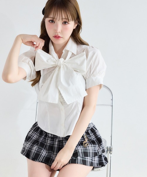 one after another NICE CLAUP（ワンアフターアナザーナイスクラップ）の「フロントギャザー半袖ボウタイブラウス（シャツ/ブラウス・レディース・サックスブルー/オフホワイト/チェック・FREE）」の8枚目の写真