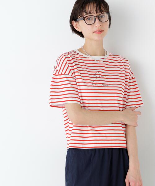 human woman(ヒューマンウーマン)の「◆Azur La mer ボーダーロゴTシャツ(Tシャツ/カットソー・レディース・レッド系その他4/ダークインディゴブルー・MEDIUM)」の2枚目の写真