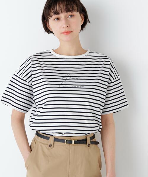 human woman(ヒューマンウーマン)の「◆Azur La mer ボーダーロゴTシャツ(Tシャツ/カットソー・レディース・レッド系その他4/ダークインディゴブルー・MEDIUM)」の1枚目の写真