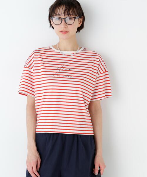human woman(ヒューマンウーマン)の「◆Azur La mer ボーダーロゴTシャツ(Tシャツ/カットソー・レディース・レッド系その他4/ダークインディゴブルー・MEDIUM)」の4枚目の写真