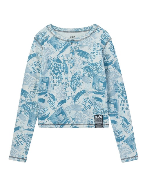 X-girl(エックスガール)の「BRUSHED COLLAGE GRAPHIC HENLEY NECK L/S COMPACT TOP(Tシャツ/カットソー・レディース・ベージュ/ブルー・M/S)」の1枚目の写真