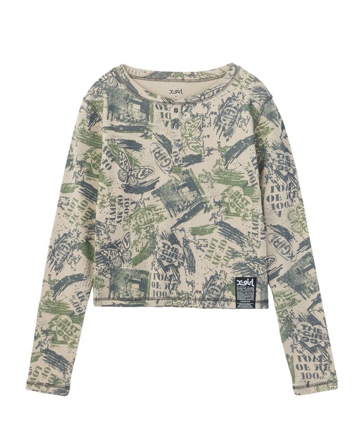 X-girl(エックスガール)の「BRUSHED COLLAGE GRAPHIC HENLEY NECK L/S COMPACT TOP(Tシャツ/カットソー・レディース・ベージュ/ブルー・M/S)」の6枚目の写真