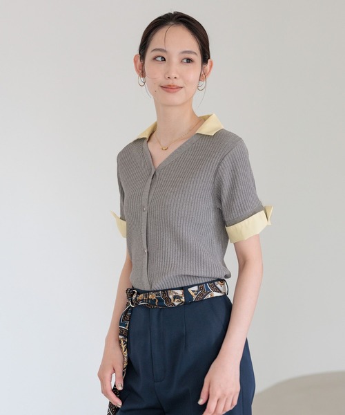 Andemiu(アンデミュウ)の「シャツエリツキニットカーディガン半袖860513(ニット/セーター・レディース・ブラック/オフホワイト/グレー・FREE)」の1枚目の写真