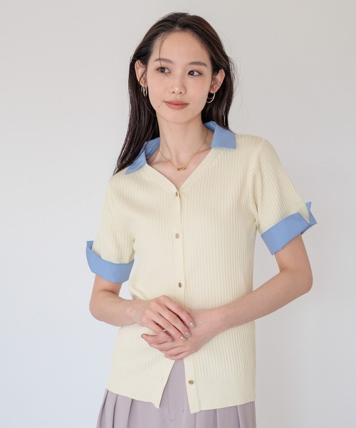 Andemiu(アンデミュウ)の「シャツエリツキニットカーディガン半袖860513(ニット/セーター・レディース・ブラック/オフホワイト/グレー・FREE)」の2枚目の写真