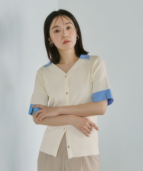 Andemiu(アンデミュウ)の「シャツエリツキニットカーディガン半袖860513(ニット/セーター・レディース・ブラック/オフホワイト/グレー・FREE)」の16枚目の写真