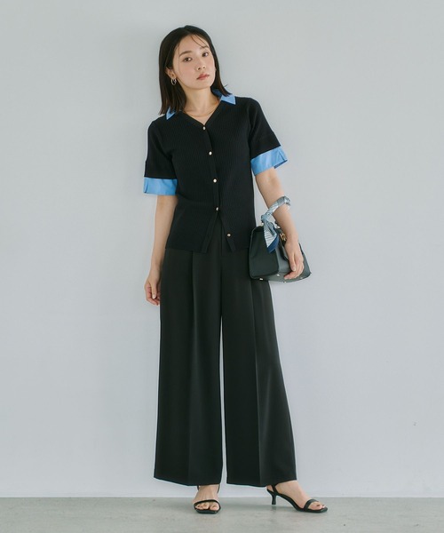 Andemiu(アンデミュウ)の「シャツエリツキニットカーディガン半袖860513(ニット/セーター・レディース・ブラック/オフホワイト/グレー・FREE)」の4枚目の写真