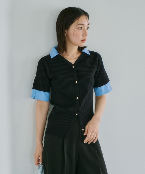 Andemiu(アンデミュウ)の「シャツエリツキニットカーディガン半袖860513(ニット/セーター・レディース・ブラック/オフホワイト/グレー・FREE)」の7枚目の写真
