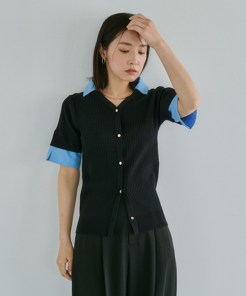 Andemiu(アンデミュウ)の「シャツエリツキニットカーディガン半袖860513(ニット/セーター・レディース・ブラック/オフホワイト/グレー・FREE)」の8枚目の写真