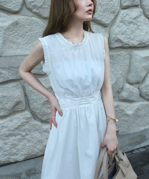 LAULEN(ローレン)の「lace up waist ruffle sleeveless dress /レースアップウエストフリルスリーブレスドレス(ワンピース・レディース・イエロー/ホワイト/ネイビー・S/M)」の2枚目の写真