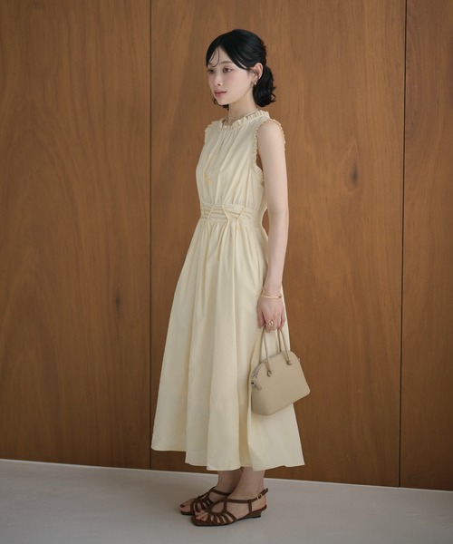 LAULEN(ローレン)の「lace up waist ruffle sleeveless dress /レースアップウエストフリルスリーブレスドレス(ワンピース・レディース・イエロー/ホワイト/ネイビー・S/M)」の1枚目の写真