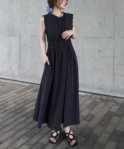 LAULEN(ローレン)の「lace up waist ruffle sleeveless dress /レースアップウエストフリルスリーブレスドレス(ワンピース・レディース・イエロー/ホワイト/ネイビー・S/M)」の4枚目の写真