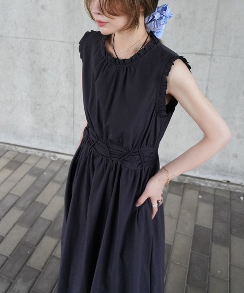 LAULEN(ローレン)の「lace up waist ruffle sleeveless dress /レースアップウエストフリルスリーブレスドレス(ワンピース・レディース・イエロー/ホワイト/ネイビー・S/M)」の8枚目の写真