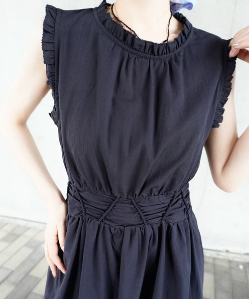 LAULEN(ローレン)の「lace up waist ruffle sleeveless dress /レースアップウエストフリルスリーブレスドレス(ワンピース・レディース・イエロー/ホワイト/ネイビー・S/M)」の10枚目の写真