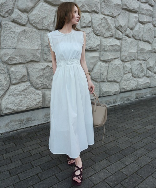 LAULEN(ローレン)の「lace up waist ruffle sleeveless dress /レースアップウエストフリルスリーブレスドレス(ワンピース・レディース・イエロー/ホワイト/ネイビー・S/M)」の12枚目の写真