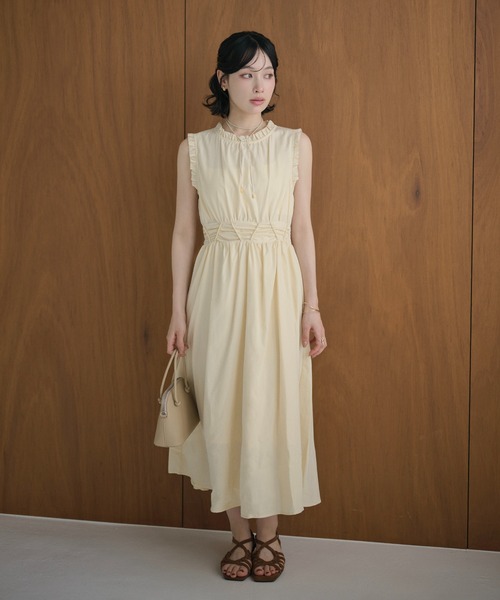 LAULEN(ローレン)の「lace up waist ruffle sleeveless dress /レースアップウエストフリルスリーブレスドレス(ワンピース・レディース・イエロー/ホワイト/ネイビー・S/M)」の16枚目の写真