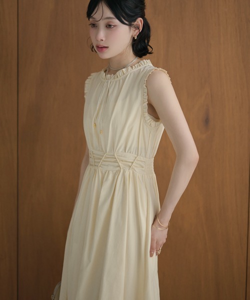 LAULEN(ローレン)の「lace up waist ruffle sleeveless dress /レースアップウエストフリルスリーブレスドレス(ワンピース・レディース・イエロー/ホワイト/ネイビー・S/M)」の22枚目の写真