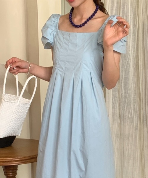 YUGA(ユーガ)の「YUGA_YGMC Korean-style Puff-sleeve pleated flare dress(ワンピース・レディース・イエロー/ホワイト/ライトブルー・FREE)」の2枚目の写真