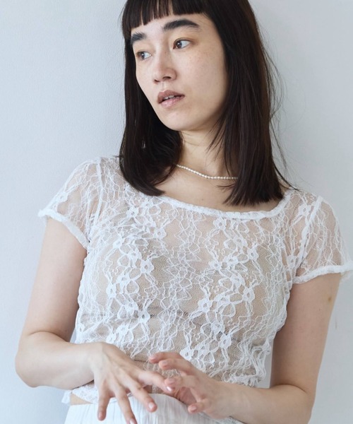 flaeu(フラユ)の「Stretch Lace Top(Tシャツ/カットソー・レディース・ホワイト/ブラック・FREE)」の2枚目の写真