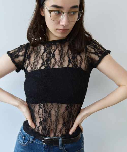 flaeu(フラユ)の「Stretch Lace Top(Tシャツ/カットソー・レディース・ホワイト/ブラック・FREE)」の1枚目の写真