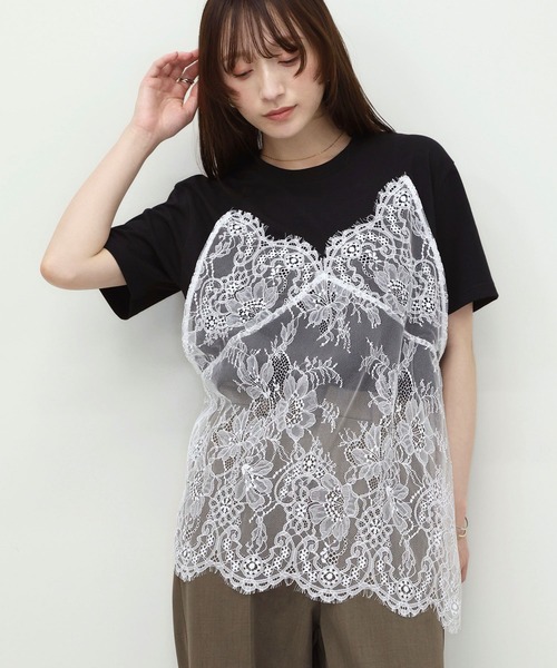NOAHL(ノアル)の「【NOAHL】レースドッキングデザインTシャツ(Tシャツ/カットソー・レディース・ブラック/クリーム・FREE)」の1枚目の写真