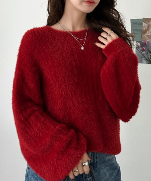 Eclat one(エクラワン)の「【Eclat one】ルーズ ミニシャギー オーバーサイズ ニット(ニット/セーター・レディース・レッド/グレイッシュベージュ/アイボリー/チャコール・FREE)」の1枚目の写真