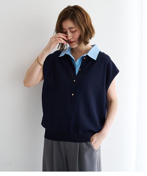 YECCA VECCA（イェッカヴェッカ）の「2wayレイヤード風ノースリーブポロニット（ニット/セーター・レディース・ネイビー/ブラウン・FREE）」の10枚目の写真